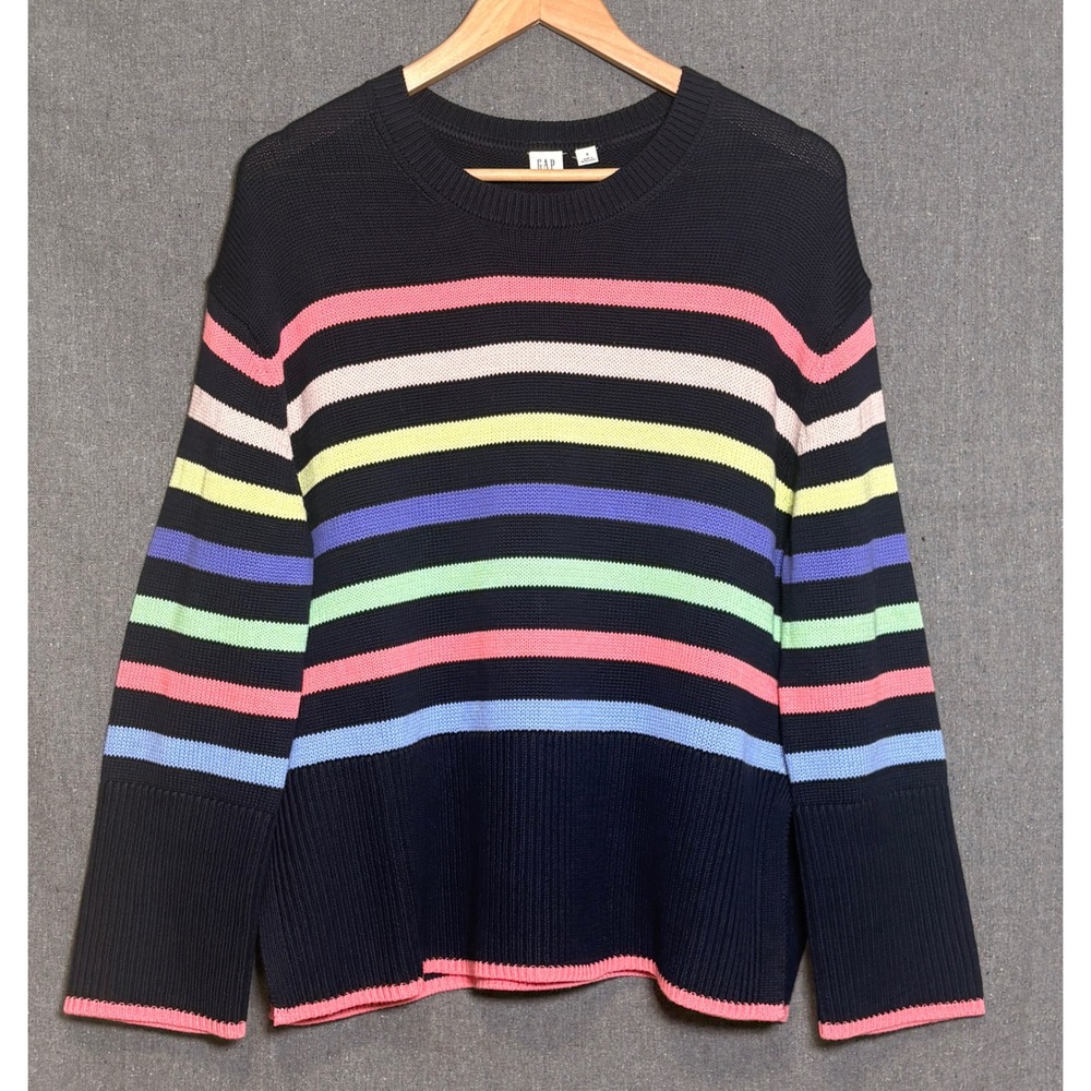 GAP Womens Navy Blue Rainbow Stripe Cotton Knit Crewneck Sweater Size S Small